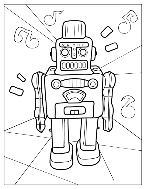 Un robot de juguete de estilo vintage aparece de pie.