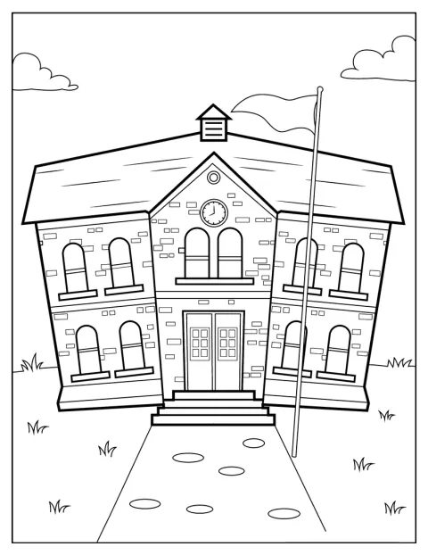 Ein älteres Schulgebäude mit Backsteinfassade steht allein.