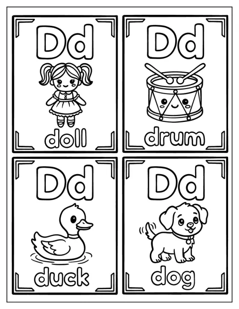 La letra D aparece en unas tarjetas junto a una muñeca, un tambor, un pato y un perro.