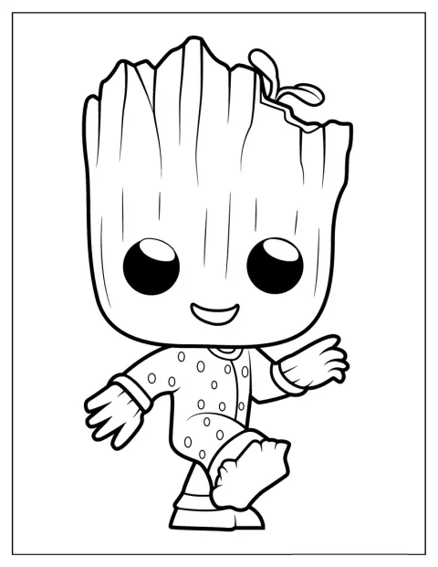 Groot indossa un pigiama e posa con un’aria tranquilla.