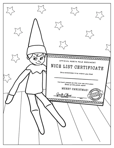 Elf on the Shelf sostiene un certificado de la lista de niños buenos.
