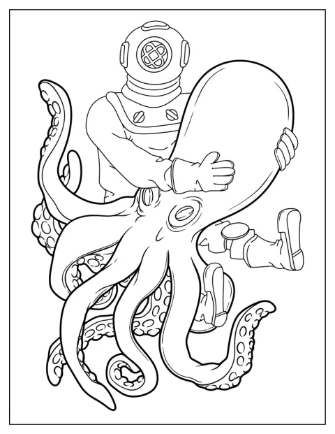 Ein Taucher in alter Ausrüstung hält einen Oktopus fest.