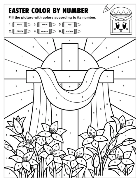Uma cruz com auréola e flores é apresentada numa atividade de pintar por números.