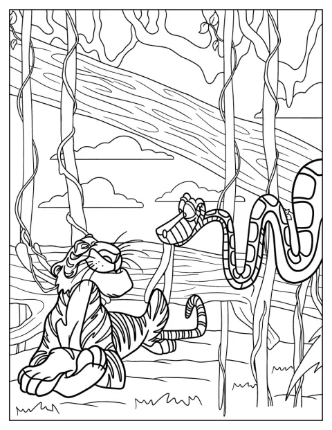 Shere Khan e Kaa conversam frente a frente na selva.