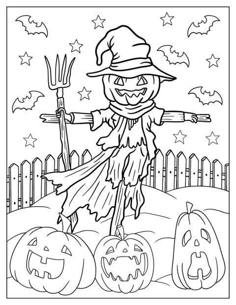 Um espantalho de Halloween segura uma forquilha de lavoura.