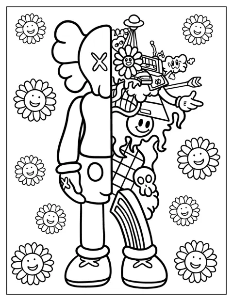 Hippie-elementen omringen de KAWS Companion, waarvan de binnenkant zichtbaar is.