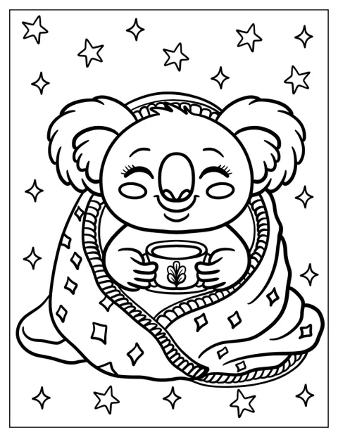 Cozy Koala Coloring Page Wrapped in a Blanket While Drinking Tea for Preschoolers