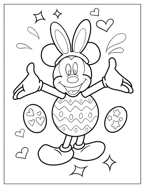 Com orelhas de coelho, Mickey Mouse espreita de dentro de um ovo da Páscoa.