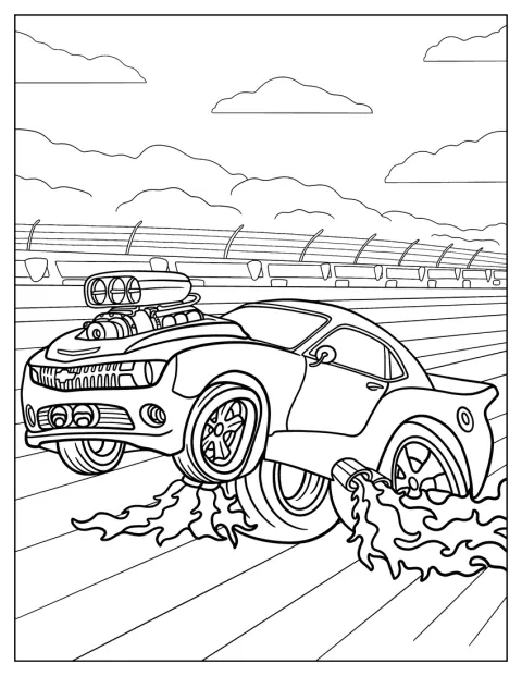 Um carro Hot Wheels expele chamas pelo escape.