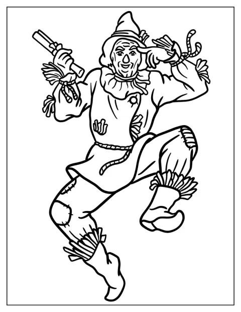 L’Épouvantail du Magicien d’Oz se tient debout, vêtu de son costume.