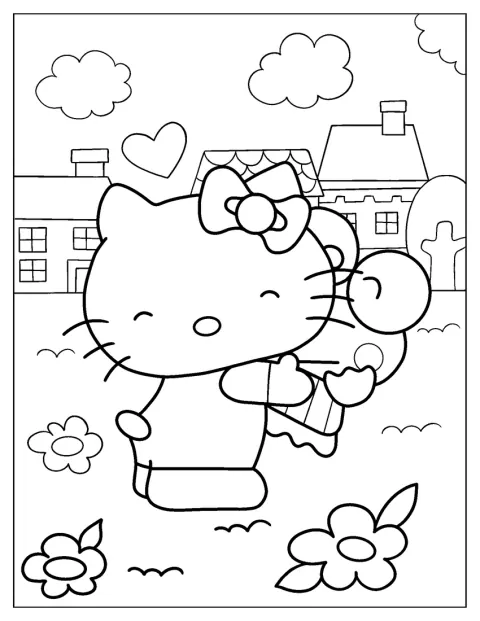 Hello Kitty omfamnar Keroppi med båda armarna.