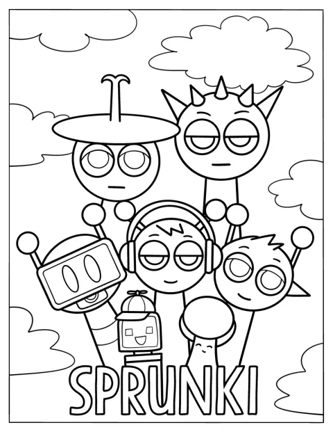 Mr Fun Computer, Tree, Simon, Orange, Fun Bot, Clukr și Raddy apar împreună.