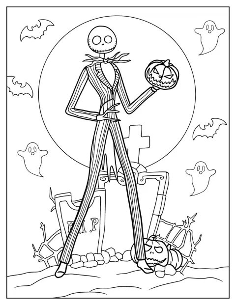 Jack Skellington stojí na hřbitově.