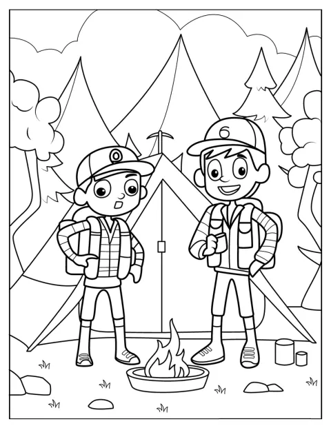 Des campeurs au style kawaii se tiennent devant un feu de camp.