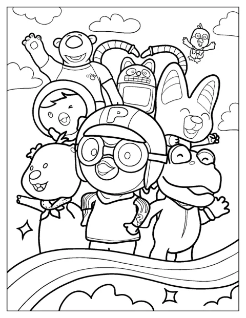 Runt Pororo står Poby, Harry, Rody, Eddy, Loopy, Petty, Crong och Tongtong.
