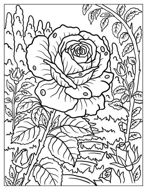 Eine Rose in voller Blüte trägt Tautropfen und wächst im Garten.