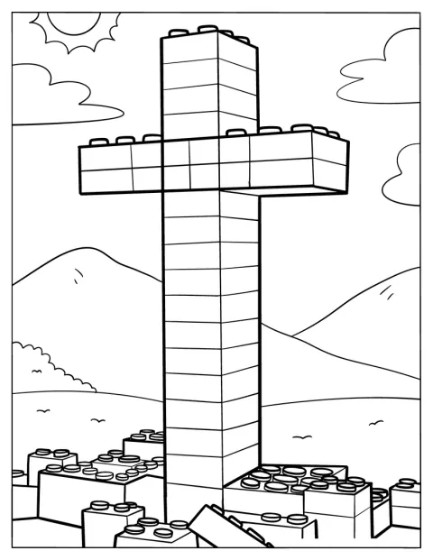 レゴブロックで作られた十字架が描かれています。