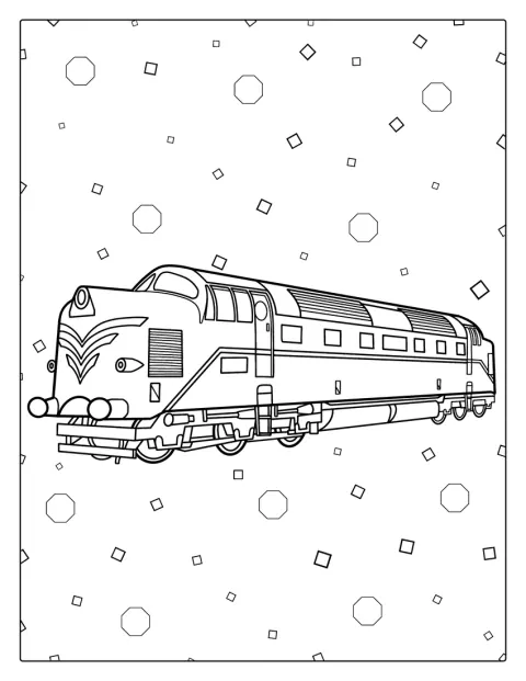 Uma locomotiva a diesel puxa vários vagões de mercadorias, com muitos detalhes.