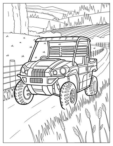 Un UTV todoterreno recorre un sendero tranquilo entre colinas de un valle.