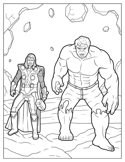 Thor e Hulk sono ritratti insieme, fianco a fianco.