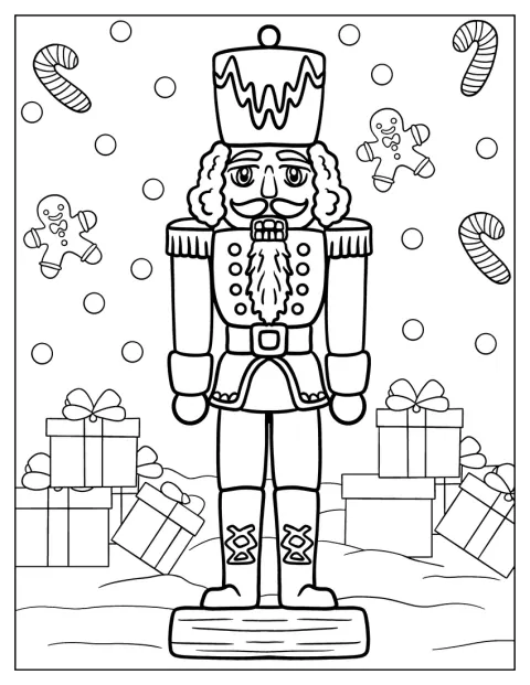 Un cascanueces posa rodeado de regalos, hombres de jengibre y bastones de caramelo.