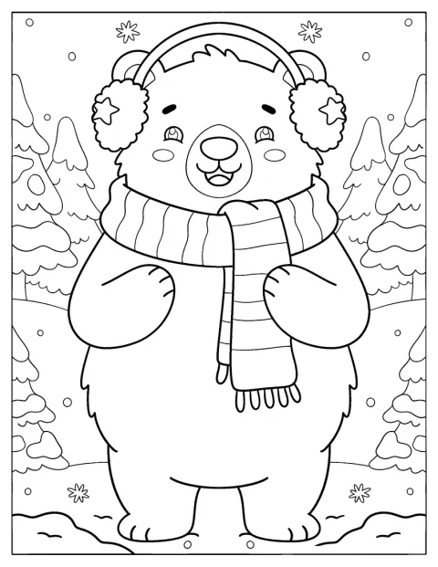 Um urso-polar usa abafadores nas orelhas e um cachecol às riscas.