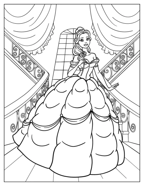 Prinzessin Belle hält eine Rose auf einer Treppe.