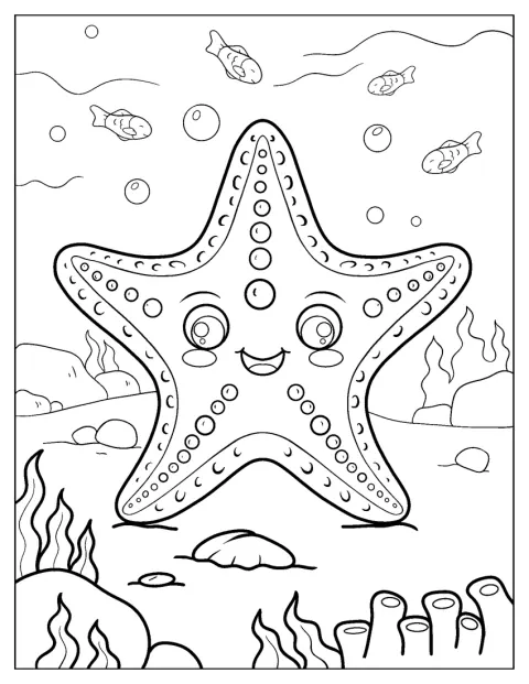 A kawaii stílusú tengeri csillag mosolyogva néz előre.
