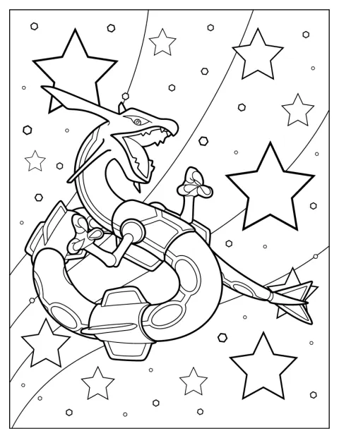 Rayquaza abre a boca e ruge numa pose imponente.