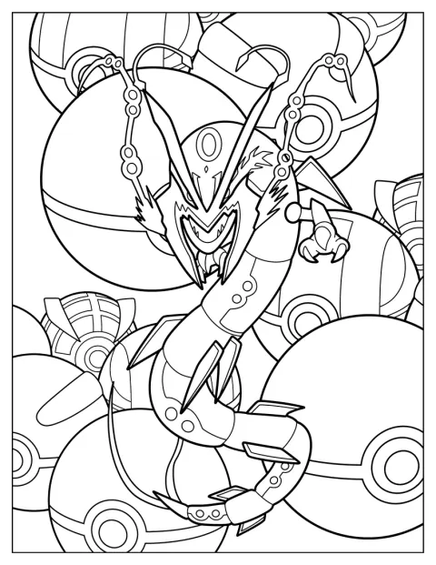 Mega Rayquaza plutește printre mai multe Poké Ball-uri.