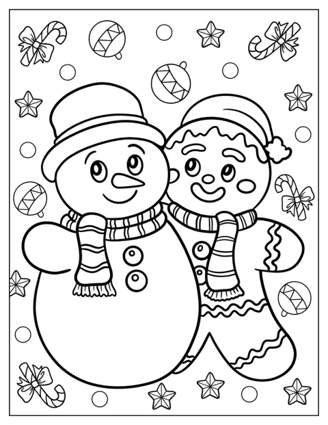 En snögubbe med hatt står tillsammans med en pepparkaksgubbe till jul.