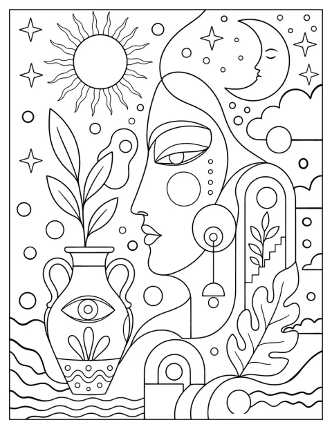 女性の顔のそばに、太陽や月、花を挿した花瓶が描かれています。