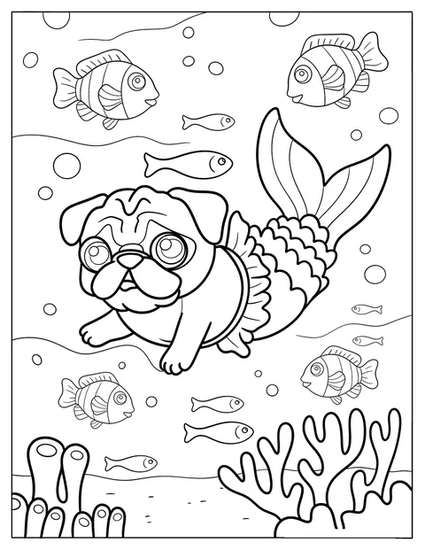 Mermaid Pug Coloring Page Under the Sea
