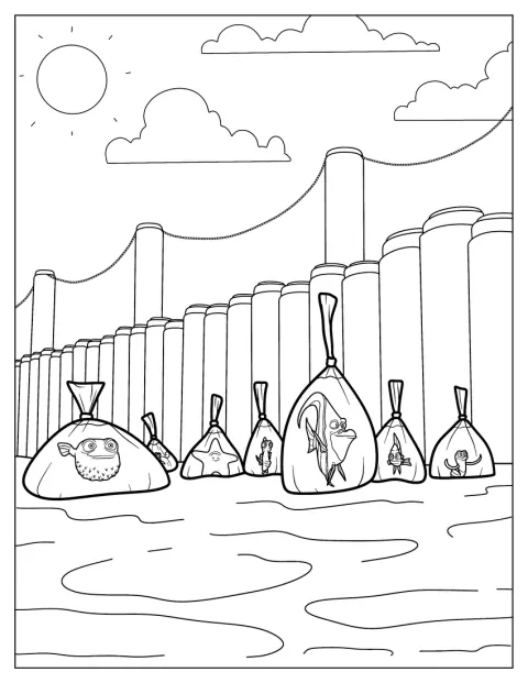 魚たちが水槽から飛び出し、外へ逃げようとしています。