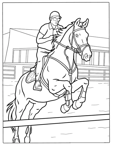 馬が乗馬競技で障害物を跳び越えています。