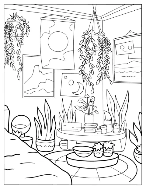 Piante pensili, vasi di fiori e succulente decorano una camera accogliente.