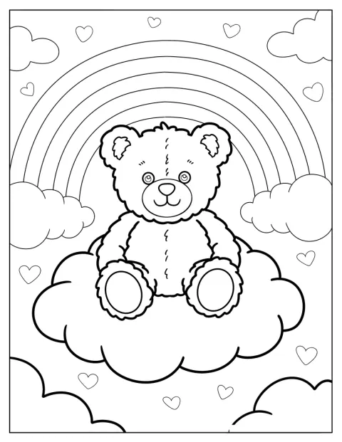 Um urso de peluche flutua no céu entre corações e arco-íris.