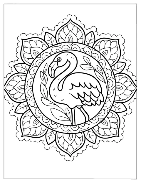 Um flamingo rodeado por folhas forma uma mandala de linhas delicadas.