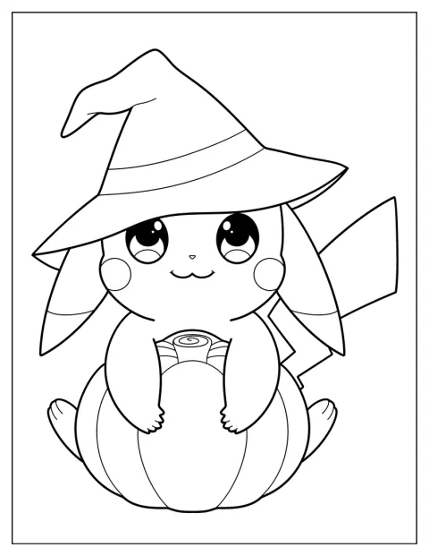 Pikachu har häxhatt och kramar en pumpa.