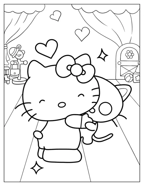 Hello Kitty und Chococat stehen in einer herzlichen Umarmung.