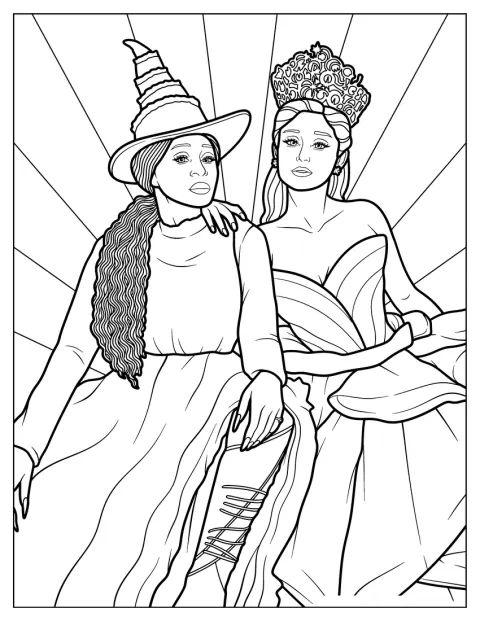 Wicked Coloring Page Of Elphaba And Glinda In Their Witch Costumes