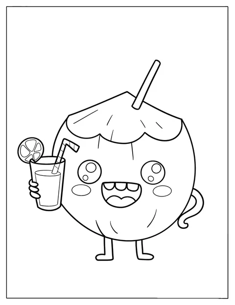 歯を見せて笑うココナッツが、飲み物を手に持っています。