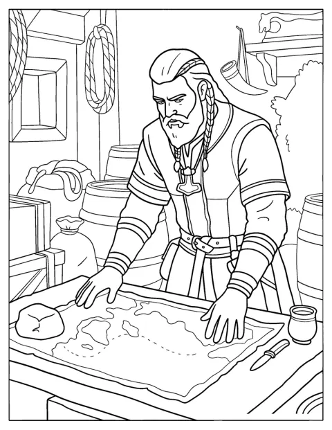 La o masă de lemn, un războinic viking studiază o hartă.