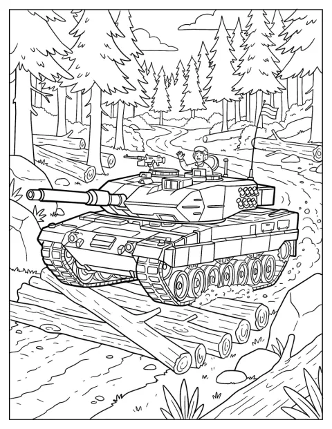 En militær stridsvogn krysser en bekk omgitt av skog.