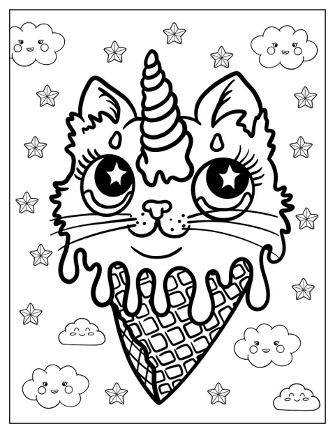 Un cornet de glace décoré d’un chat licorne est représenté.