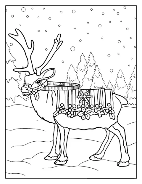 トナカイがクリスマスコートを着て立っています。