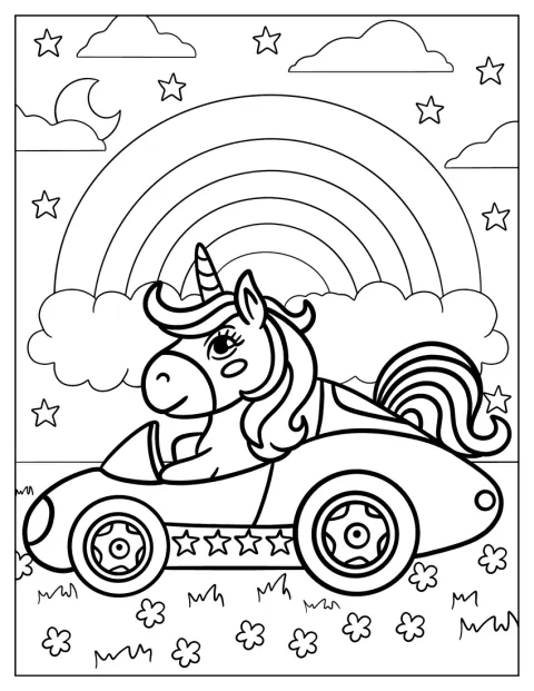 ユニコーンが虹と星に囲まれながら、スポーツカーを運転しています。