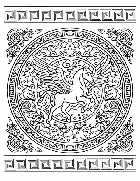 En elegant pegasus står indrammet af et detaljeret mandalamønster.