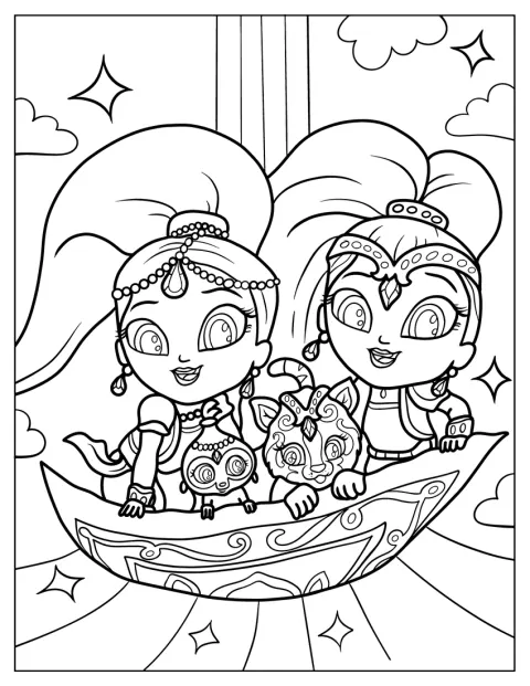 Shimmer, Shine, Tahal en Nala reizen samen op een vliegend tapijt.