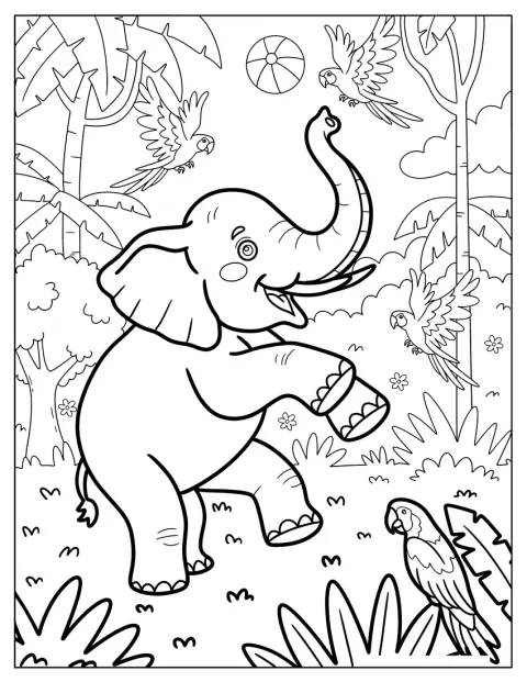 Un éléphant danse dans la jungle, entouré de perroquets colorés.